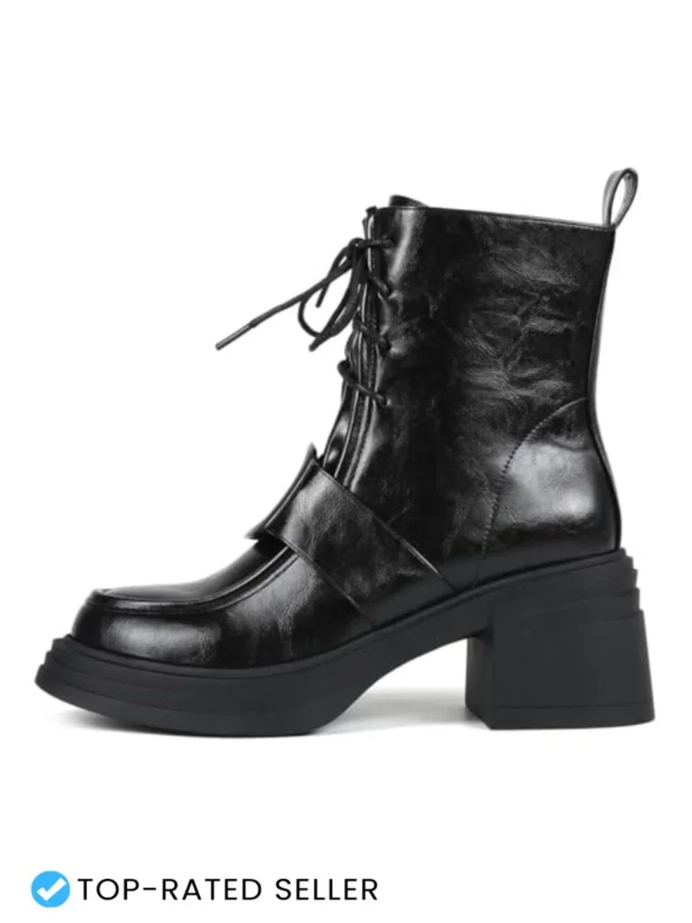 Women's Round Toe Lace Up Combat Ankle Boots Chunky Platform Heel Faux Leather